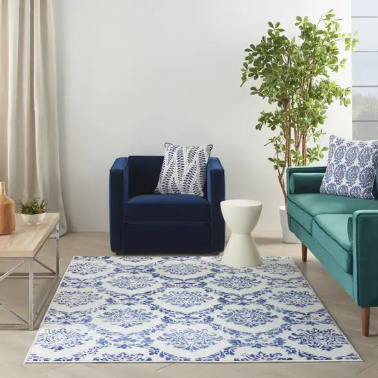 Ivory And Blue Damask Distressed Area Rug Photo 5