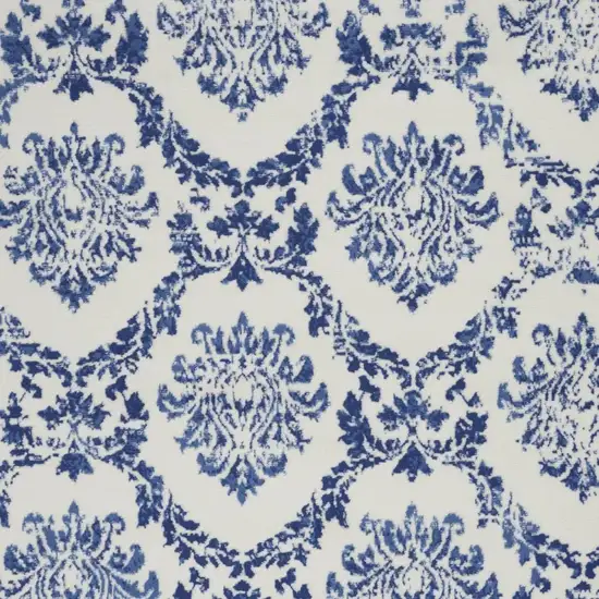 Ivory And Blue Damask Distressed Area Rug Photo 7
