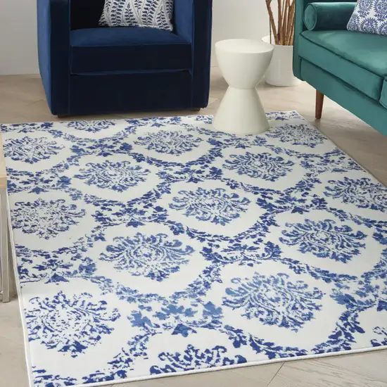 Ivory And Blue Damask Distressed Area Rug Photo 5