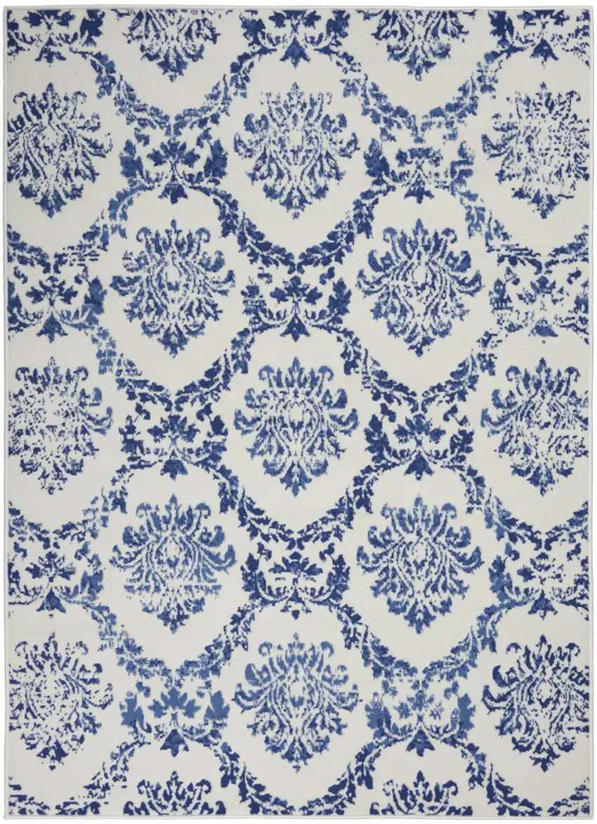 Ivory and Navy Damask Area Rug Photo 1