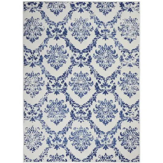 Ivory And Blue Damask Distressed Area Rug Photo 9
