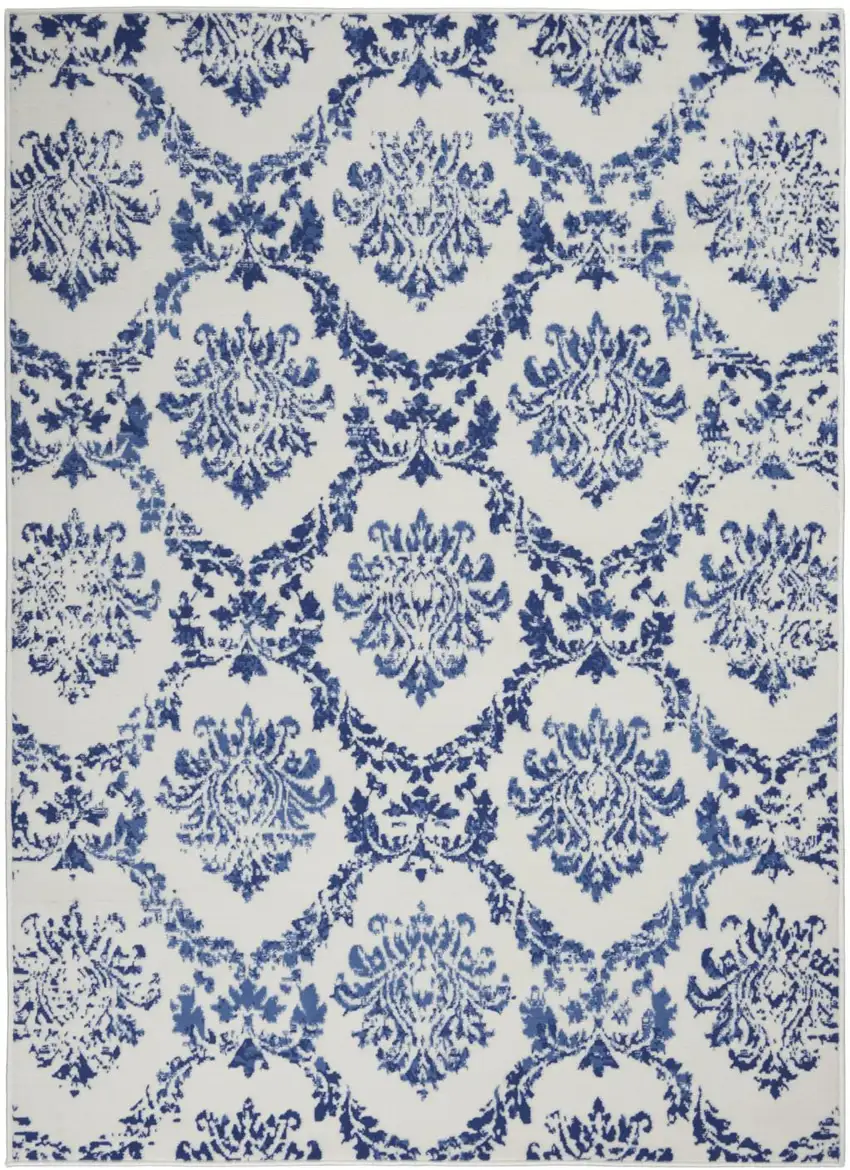 Ivory And Blue Damask Distressed Area Rug Photo 9