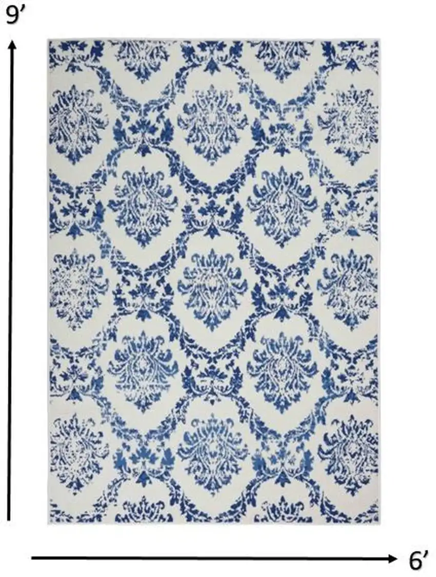 Ivory and Navy Damask Area Rug Photo 6