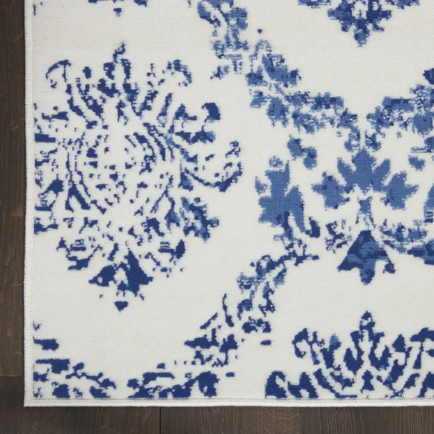 Ivory And Blue Damask Distressed Area Rug Photo 8