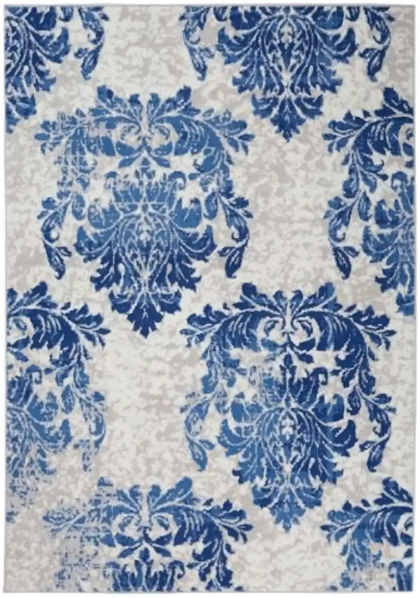 Ivory And Blue Damask Distressed Area Rug Photo 3