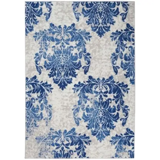 Ivory And Blue Damask Distressed Area Rug Photo 3