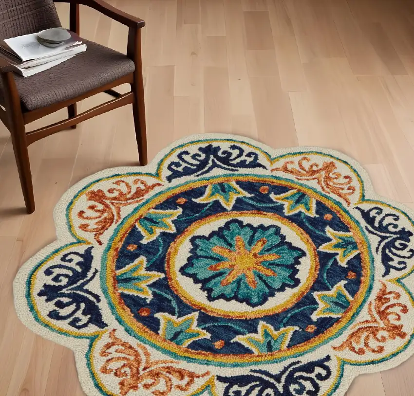 6' Ivory Round Wool Geometric Hand Tufted Area Rug Photo 1