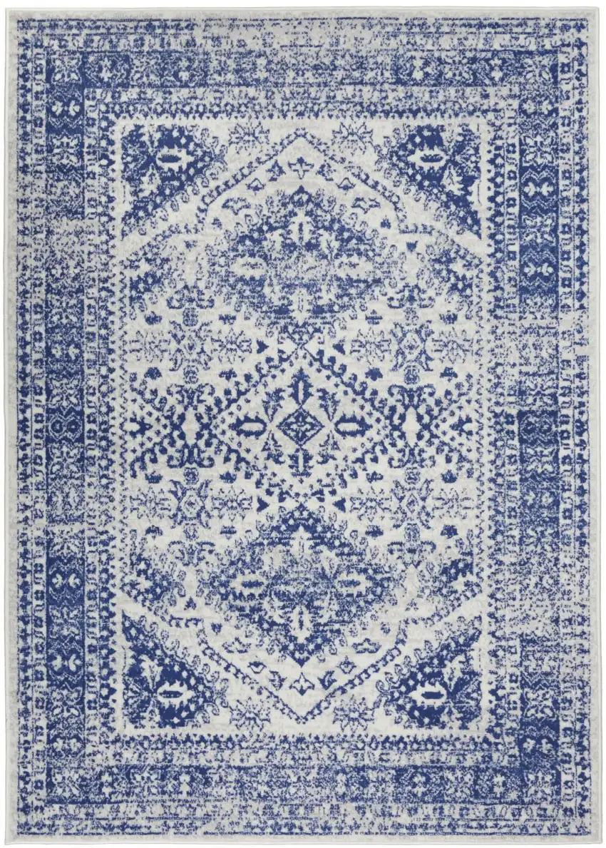 Ivory And Blue Geometric Distressed Area Rug Photo 8