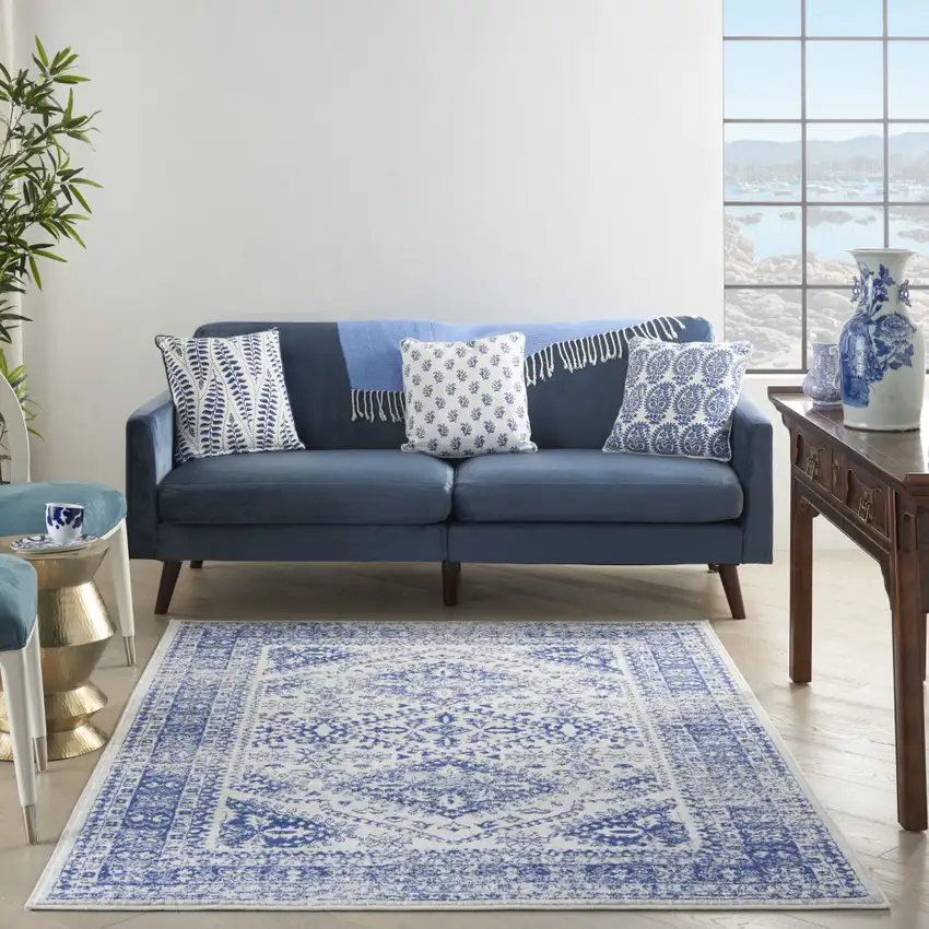 Ivory And Blue Geometric Distressed Area Rug Photo 5