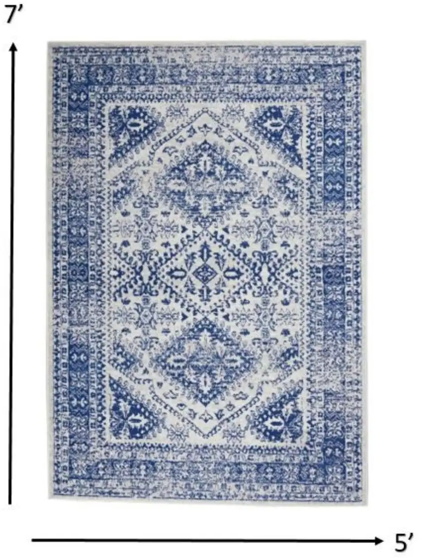 Ivory And Blue Geometric Distressed Area Rug Photo 6