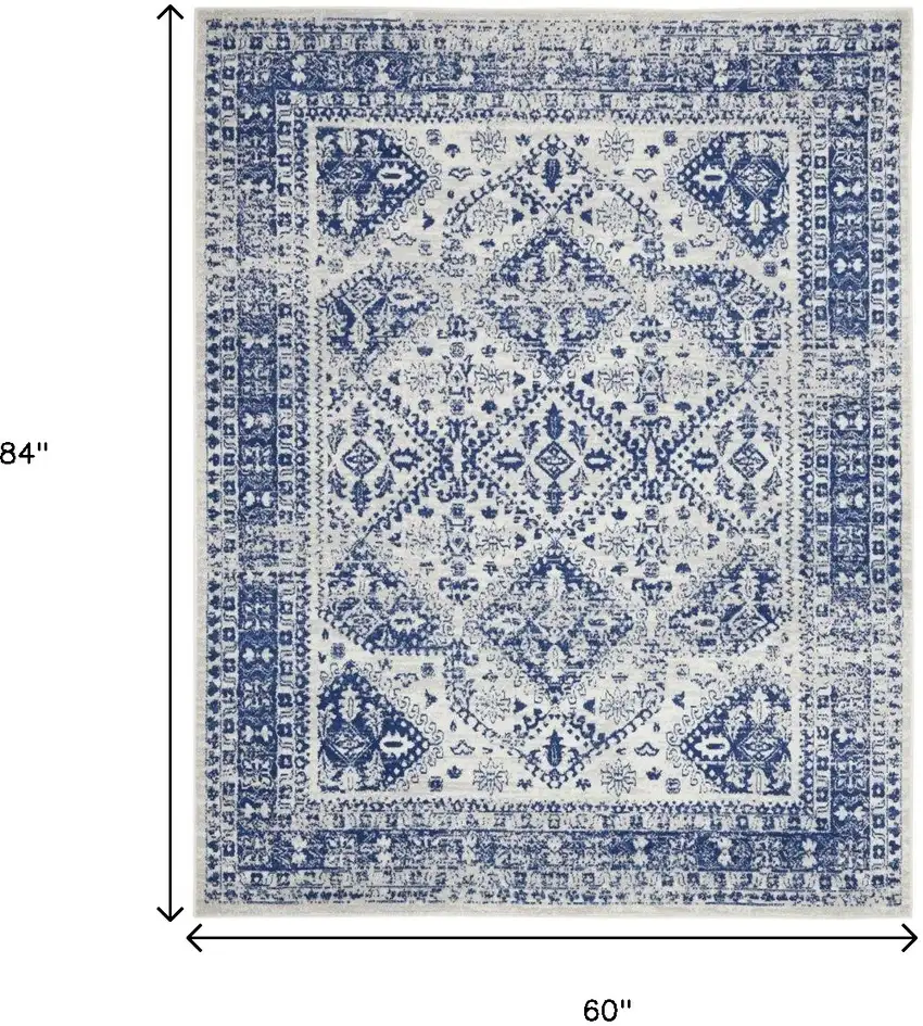 Ivory And Blue Geometric Distressed Area Rug Photo 4