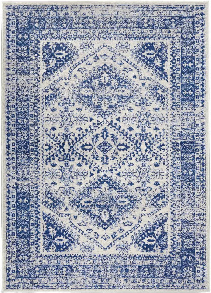 Ivory And Blue Geometric Distressed Area Rug Photo 1