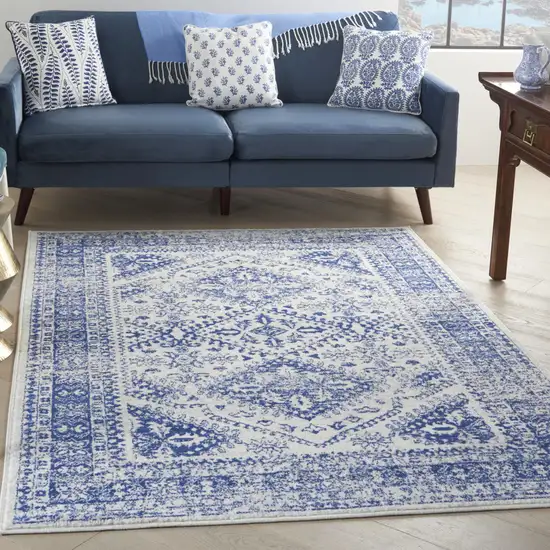 Ivory And Blue Geometric Distressed Area Rug Photo 5