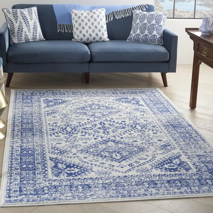 Ivory And Blue Geometric Distressed Area Rug Photo 5
