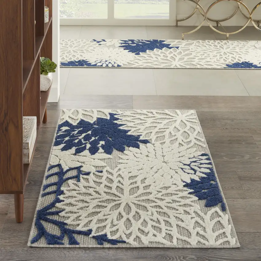 Ivory And Blue Floral Indoor Outdoor Area Rug Photo 7