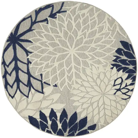 4' Ivory And Blue Round Indoor Outdoor Area Rug Photo 1