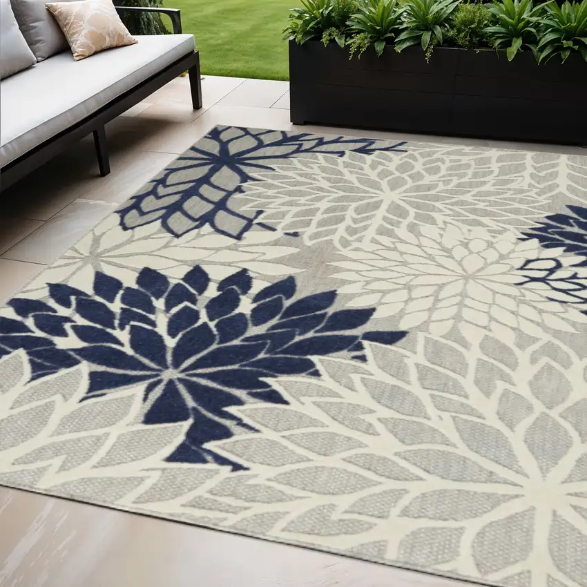 Ivory And Blue Floral Indoor Outdoor Area Rug Photo 1