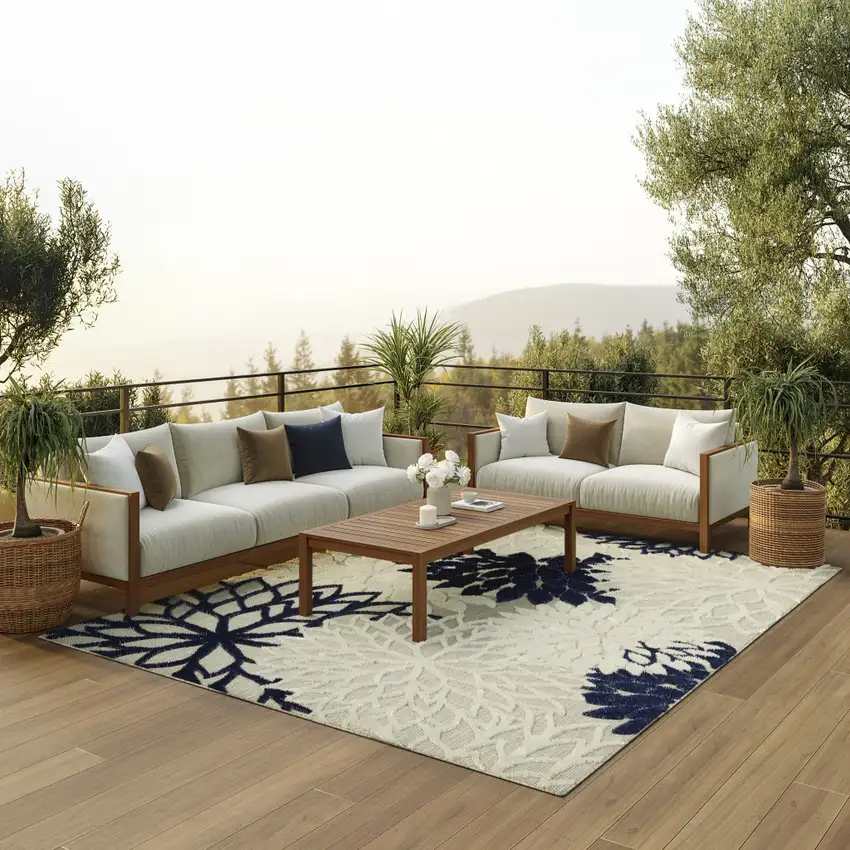 Ivory And Blue Indoor Outdoor Area Rug Photo 9