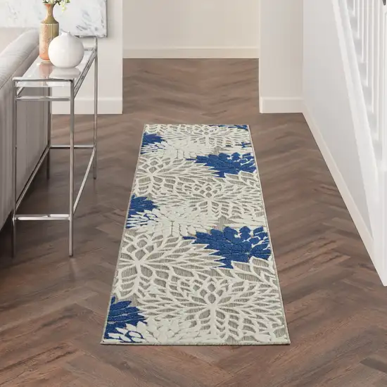 6' Ivory And Blue Floral Handmade Indoor Outdoor Runner Rug Photo 5