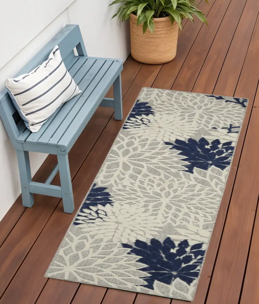 6' Ivory And Blue Floral Handmade Indoor Outdoor Runner Rug Photo 2