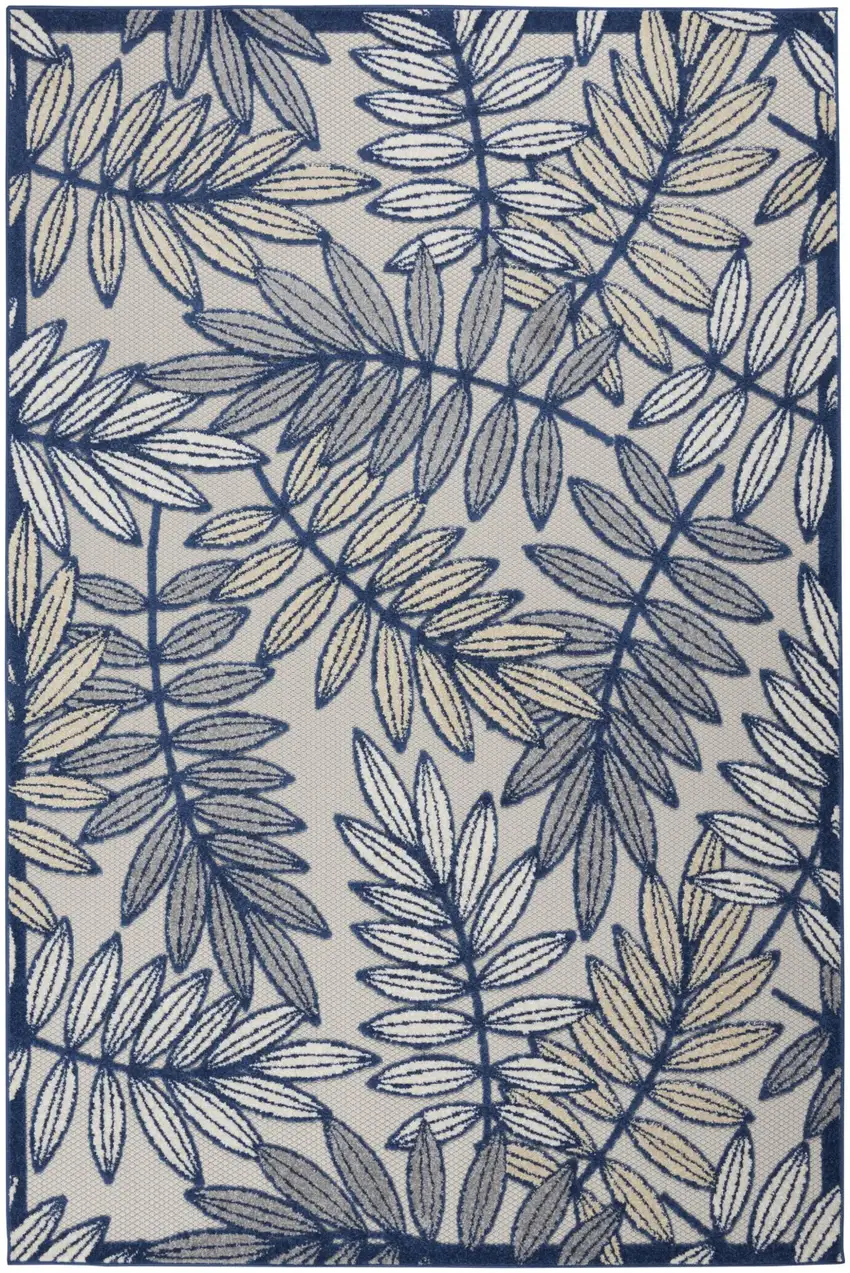 Ivory and Navy Leaves Indoor Outdoor Area Rug Photo 1