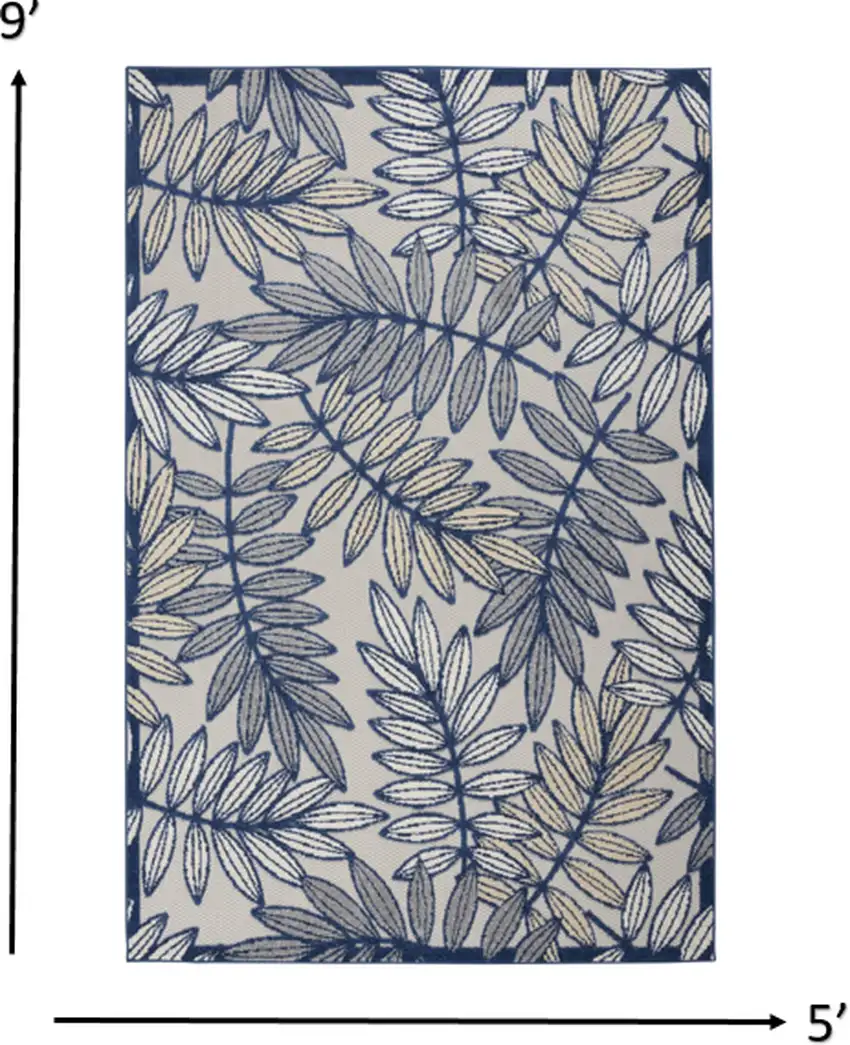 Ivory and Navy Leaves Indoor Outdoor Area Rug Photo 6