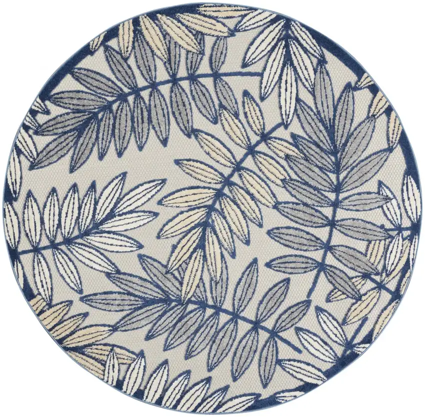 Ivory and Navy Leaves Indoor Outdoor Area Rug Photo 1