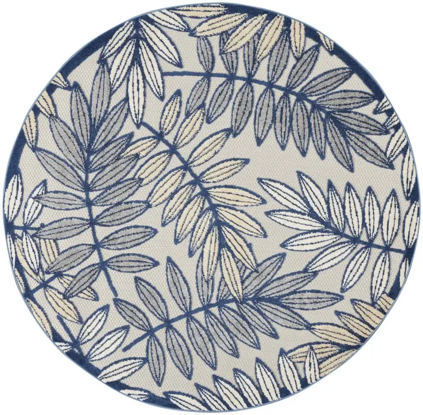 Ivory and Navy Leaves Indoor Outdoor Area Rug Photo 12