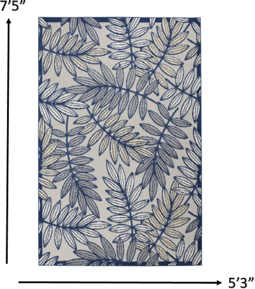 Ivory and Navy Leaves Indoor Outdoor Area Rug Photo 6