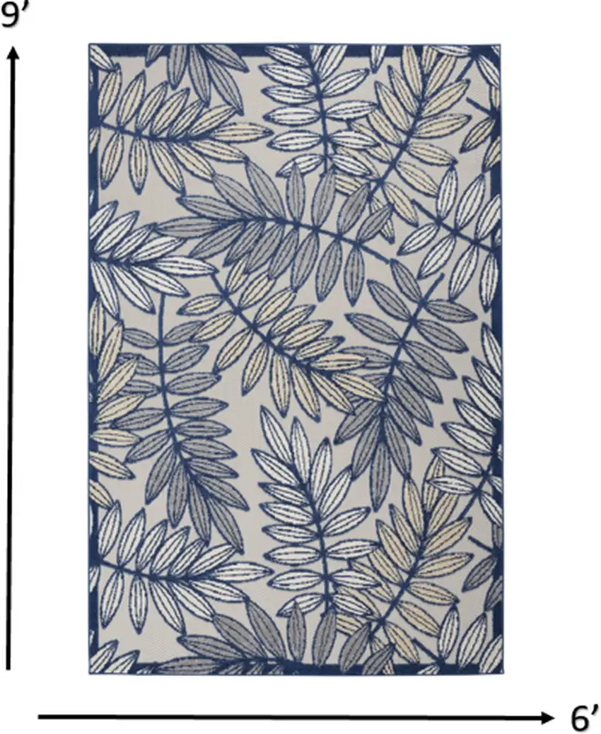 Ivory and Navy Leaves Indoor Outdoor Area Rug Photo 6