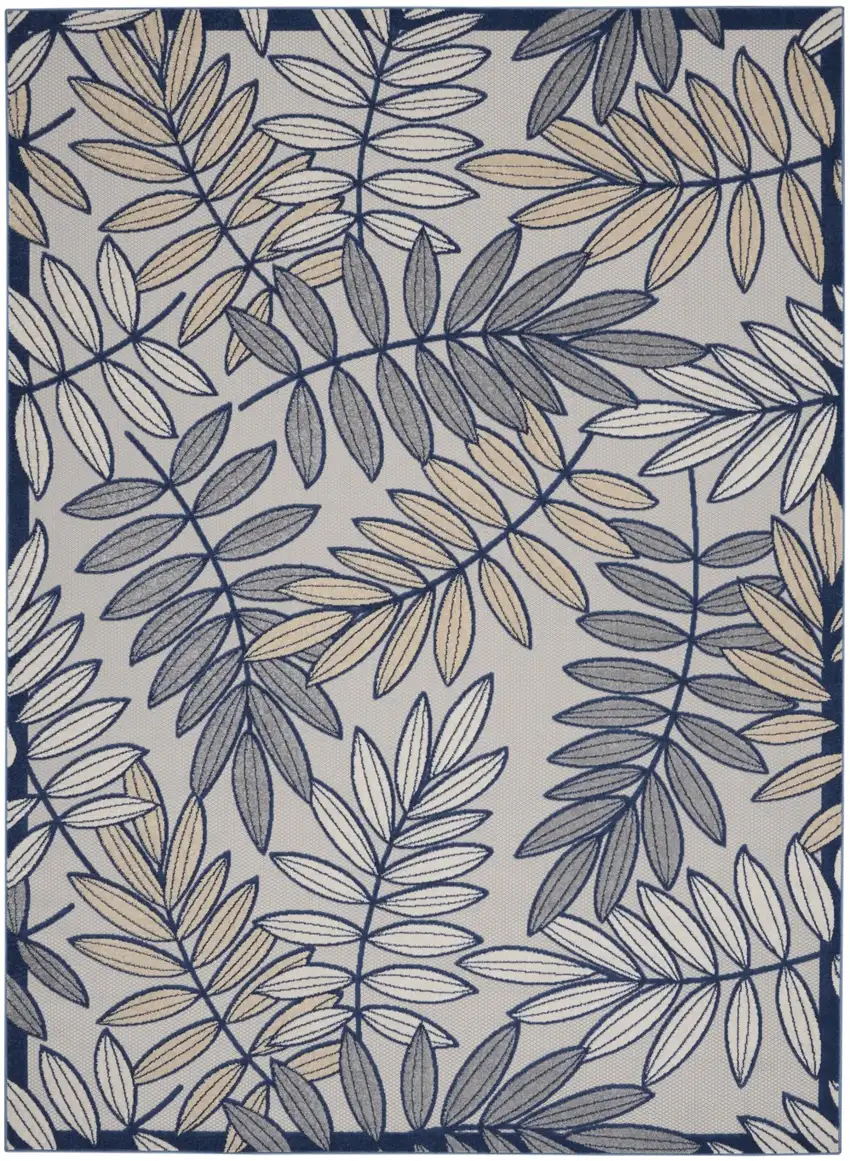 Ivory and Navy Leaves Indoor Outdoor Area Rug Photo 1