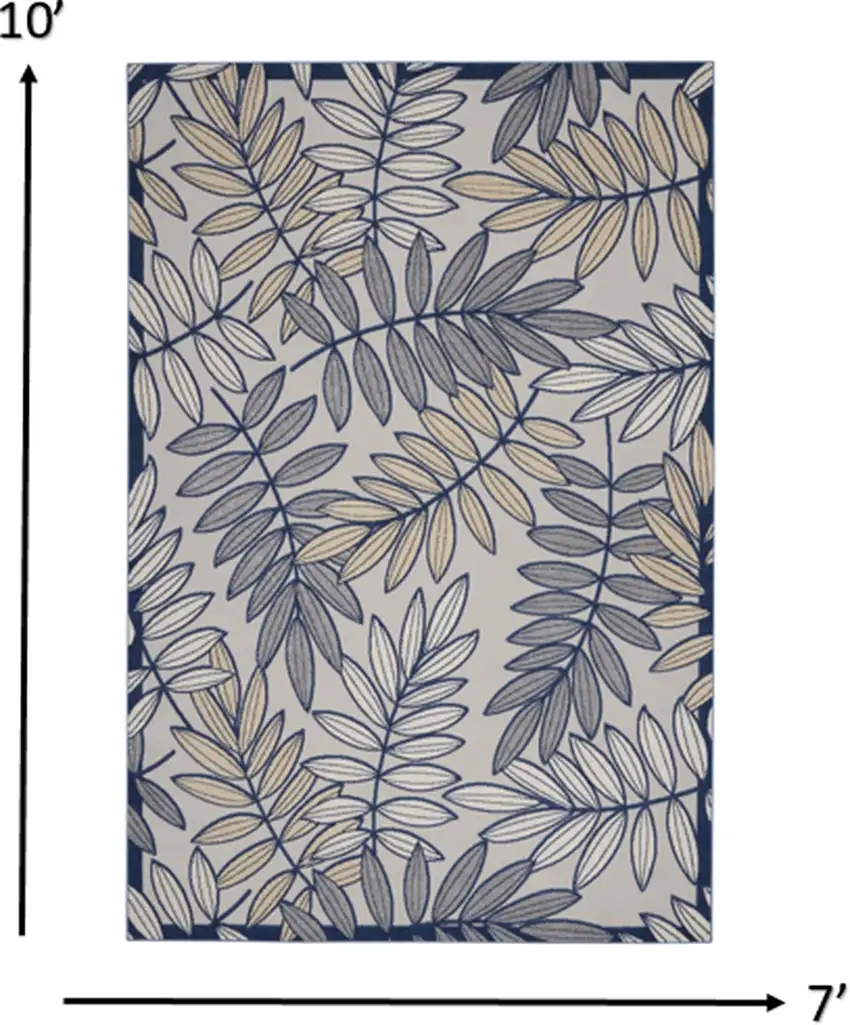 Ivory and Navy Leaves Indoor Outdoor Area Rug Photo 6