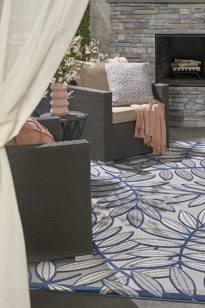 Ivory And Blue Floral Indoor Outdoor Area Rug Photo 8