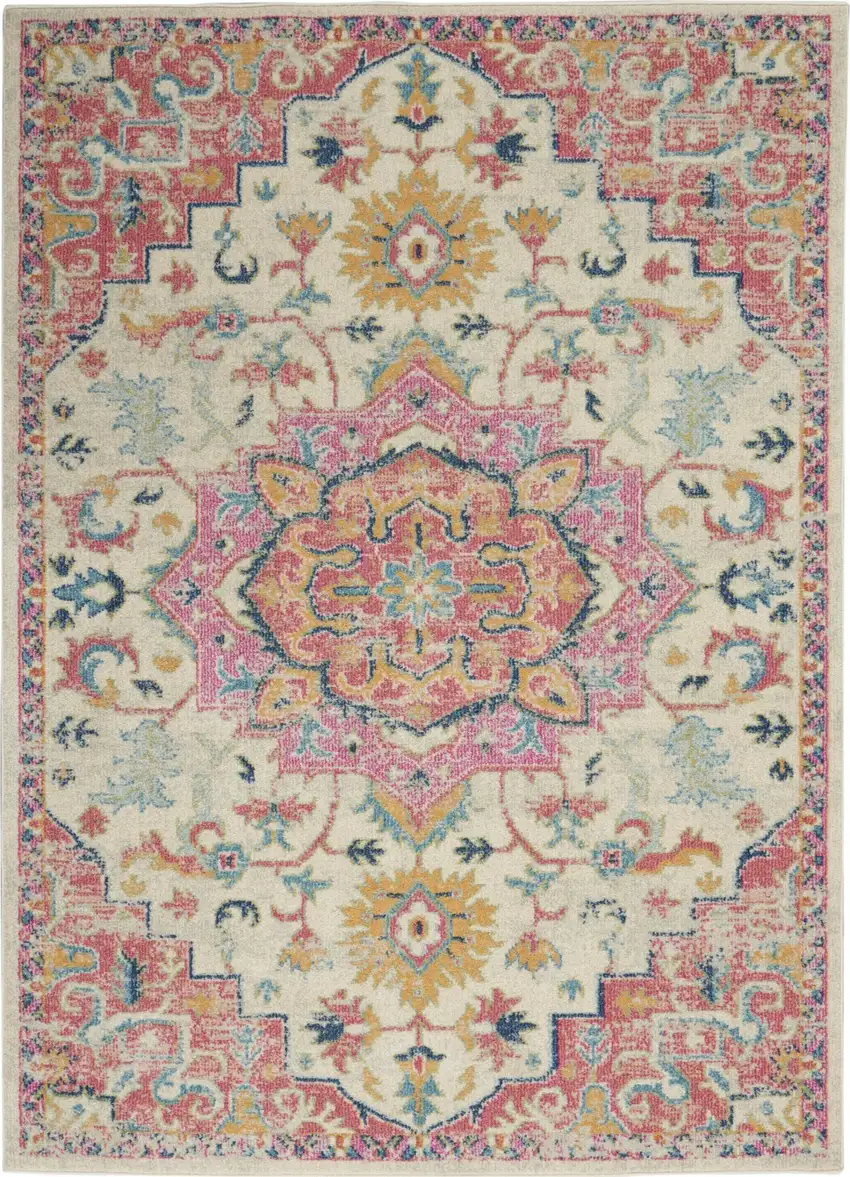 Ivory and Pink Medallion Area Rug Photo 1