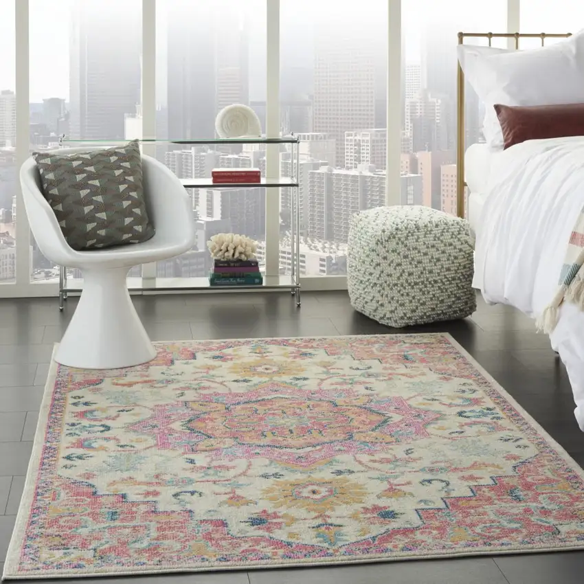 Ivory and Pink Medallion Area Rug Photo 7