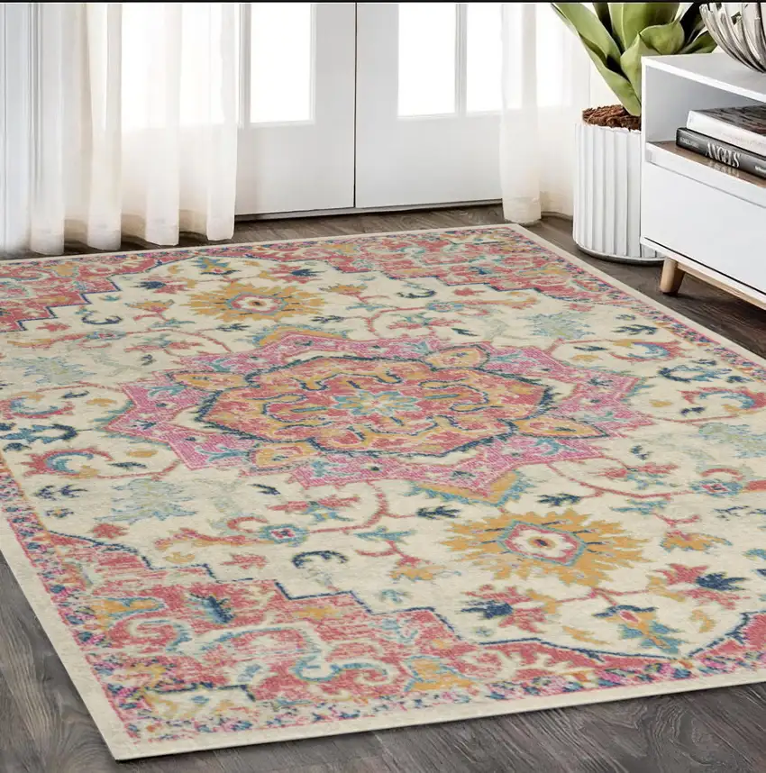 Pink And Ivory Southwestern Distressed Area Rug Photo 2