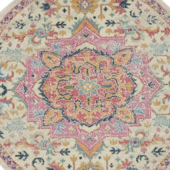 5' Pink And Ivory Southwestern Distressed Round Rug Photo 2