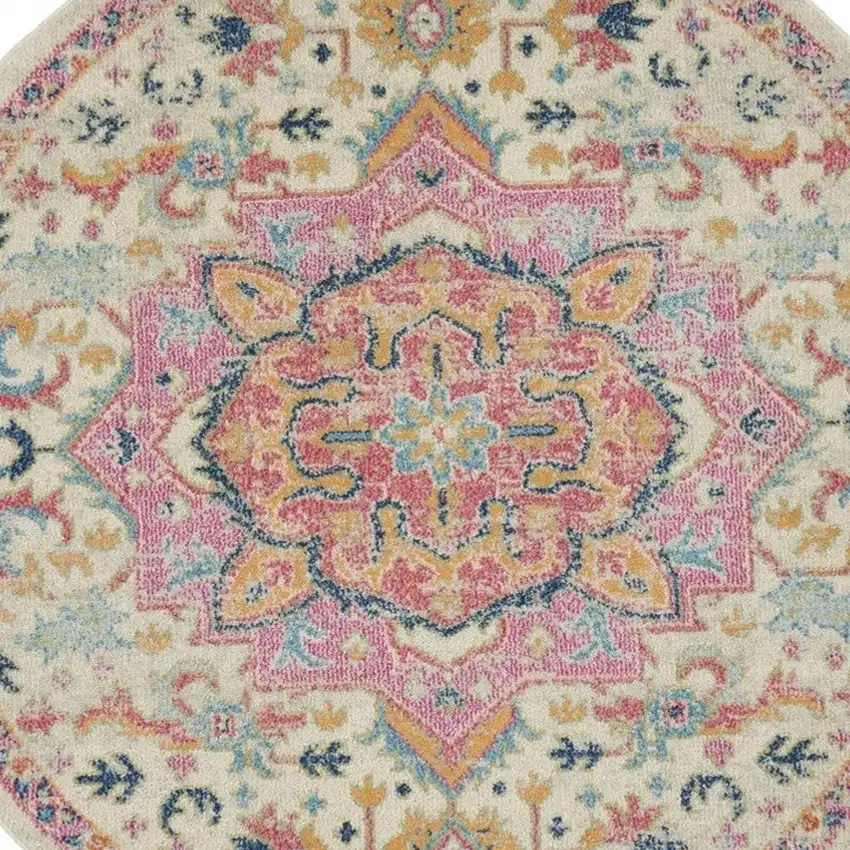 5' Pink And Ivory Southwestern Distressed Round Rug Photo 2