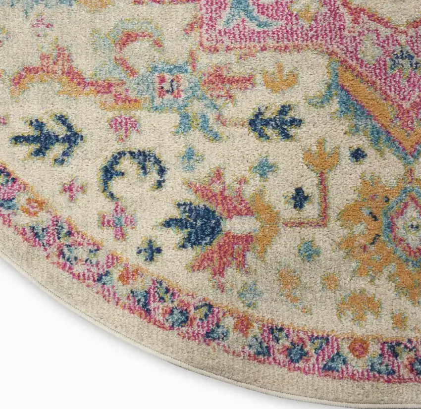 5' Pink And Ivory Southwestern Distressed Round Rug Photo 8
