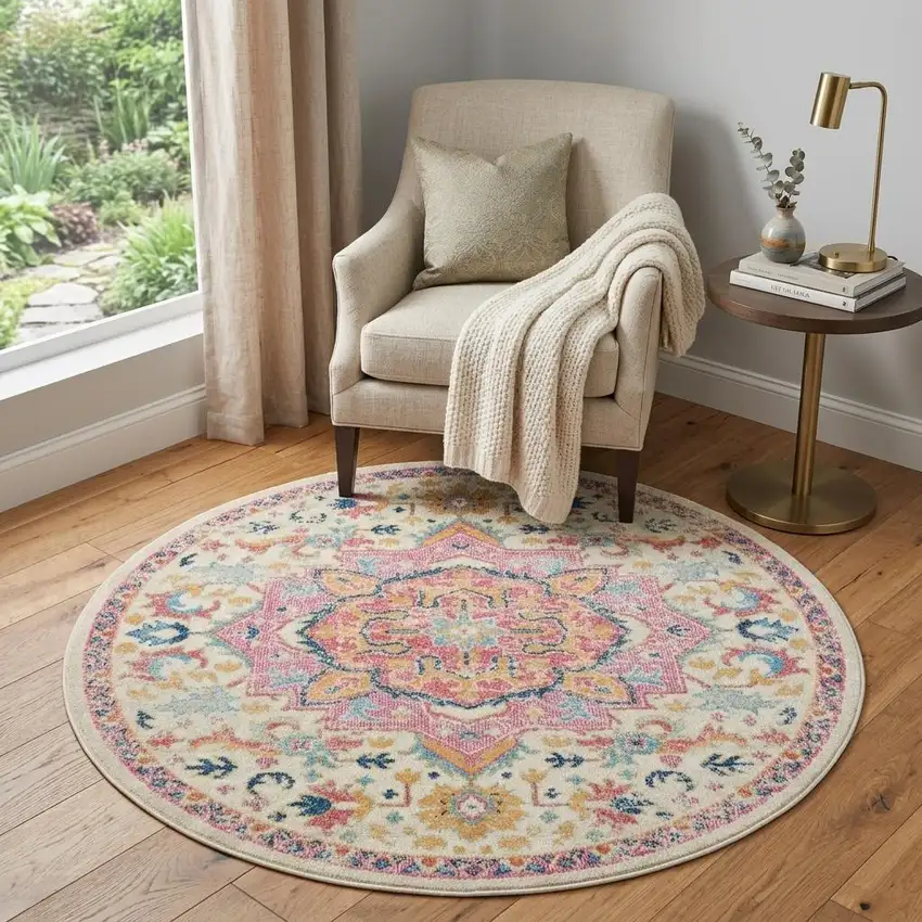 5' Pink And Ivory Southwestern Distressed Round Rug Photo 1