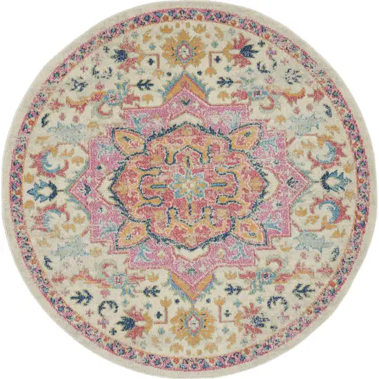 5' Pink And Ivory Southwestern Distressed Round Rug Photo 3