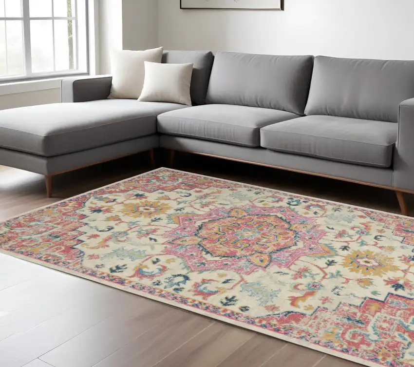 Pink And Ivory Southwestern Distressed Area Rug Photo 1