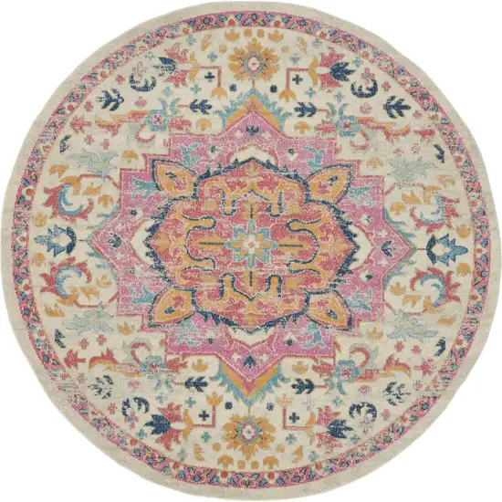8' Pink And Ivory Southwestern Distressed Round Rug Photo 4