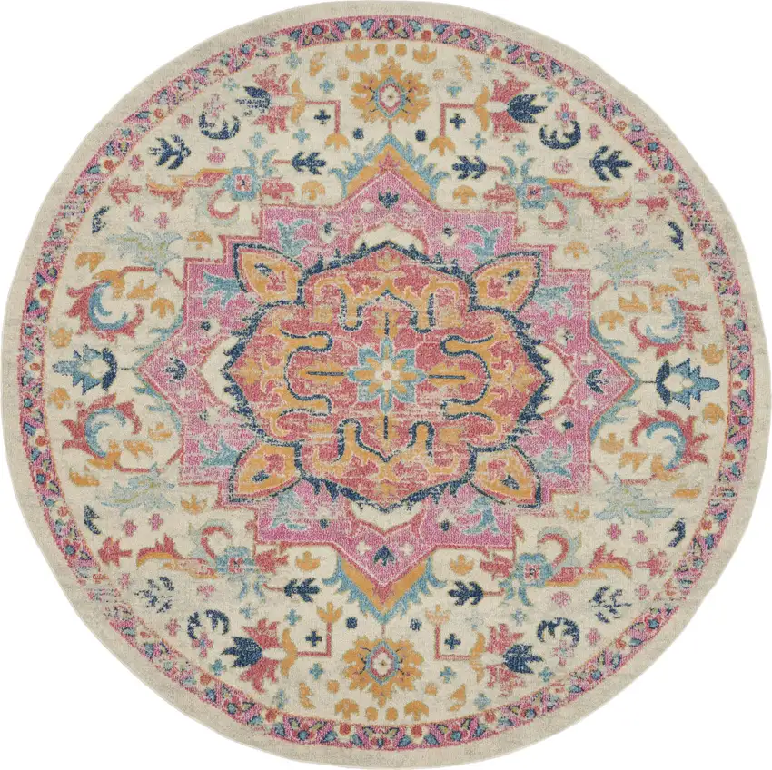 8' Pink And Ivory Southwestern Distressed Round Rug Photo 4
