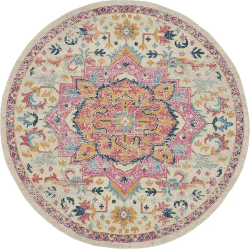 8' Pink And Ivory Round Southwestern Dhurrie Area Rug Photo 4