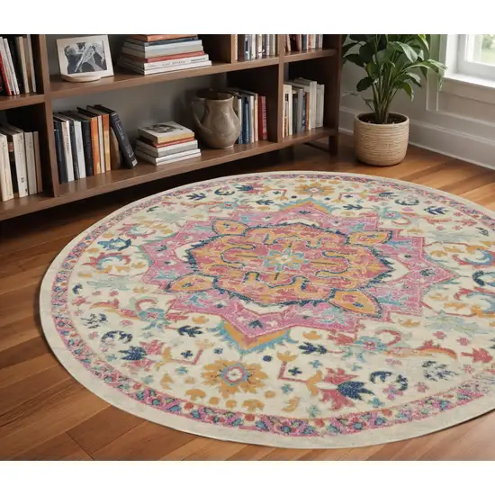 8' Pink And Ivory Southwestern Distressed Round Rug Photo 1