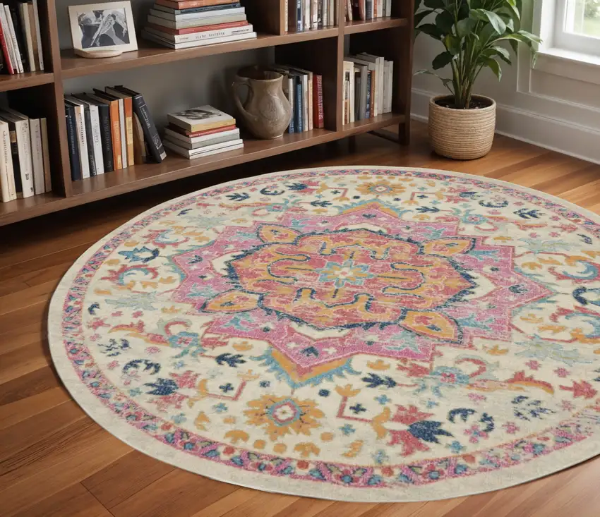 8' Pink And Ivory Southwestern Distressed Round Rug Photo 1