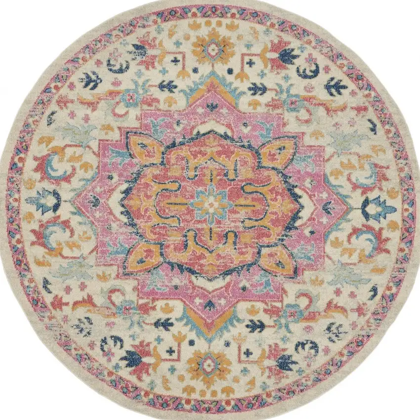 Ivory and Pink Medallion Area Rug Photo 8