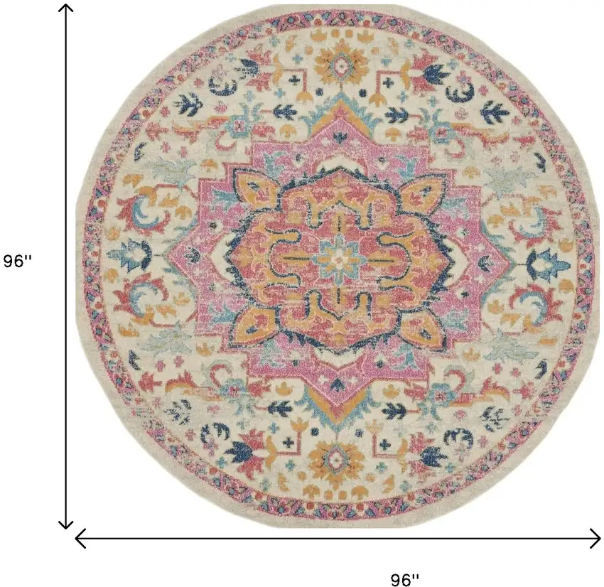 8' Pink And Ivory Southwestern Distressed Round Rug Photo 3