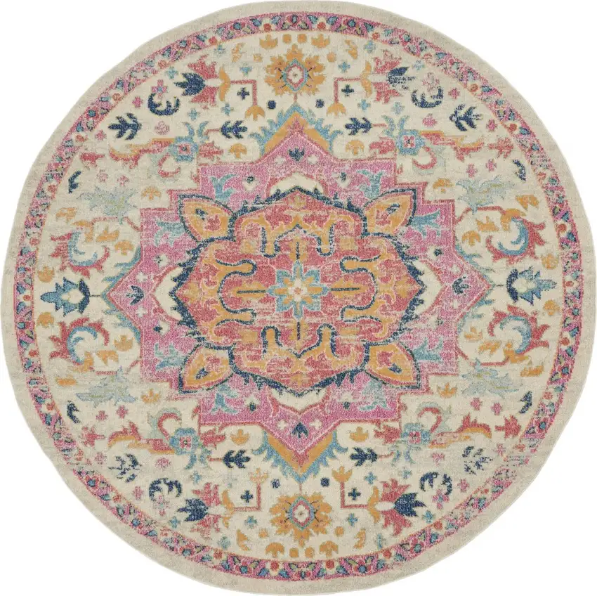 Ivory and Pink Medallion Area Rug Photo 9
